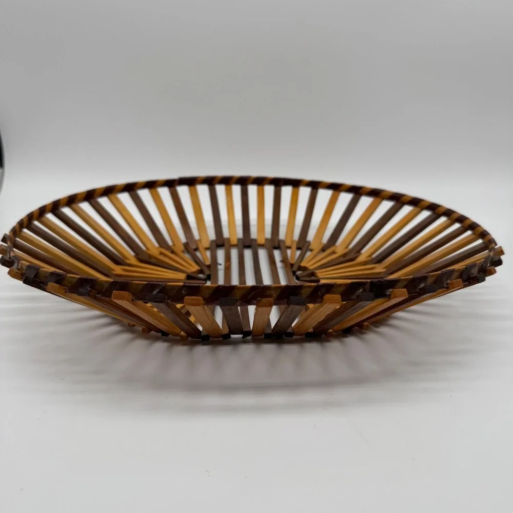 Vintage Bamboo Slat Oval Basket Two Tone Japanese Wood Fruit Bread Bowl 12x10